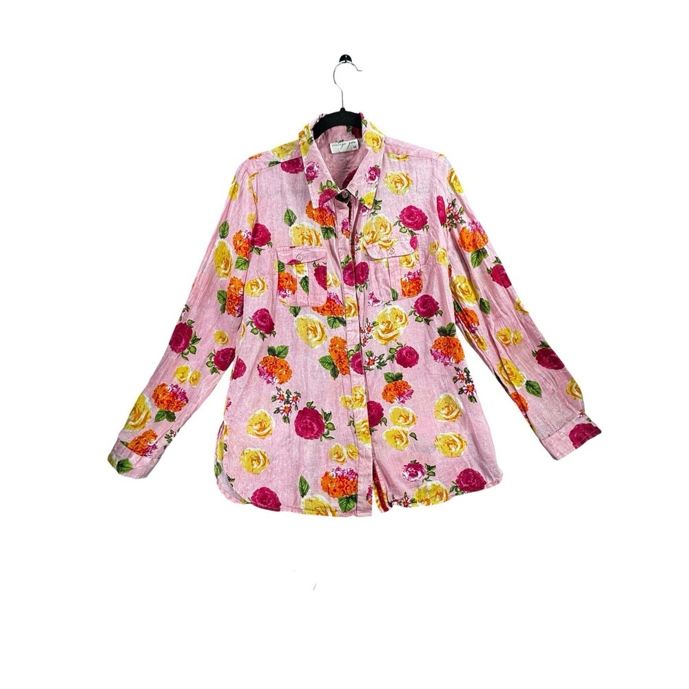 Vintage Goa Floral Button Up Shirt Medium Pink Boho Cottagecore Cotton Top - Picture 2 of 16